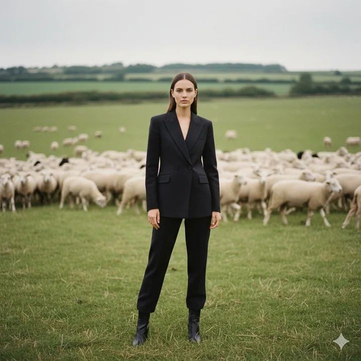 Fashion model standing among a flock of sheep in a rural photo shoot