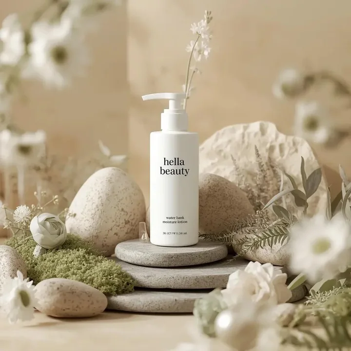 Minimalist luxury skincare commercial photography with natural stone and floral setup
