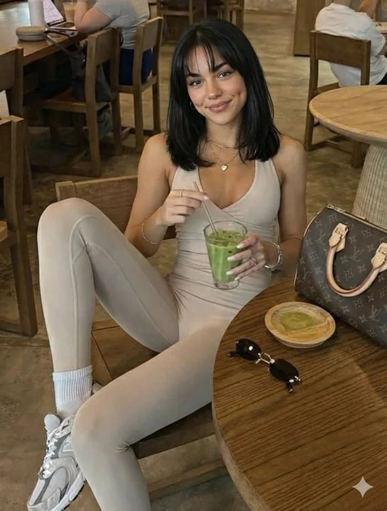都会の女の子がカフェでリラックスした時間を過ごす、ミモレ色のワンピースを着て