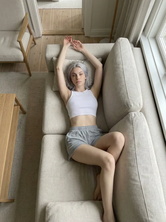 Laid-back Nordic aesthetic portrait in a minimalist bedroom