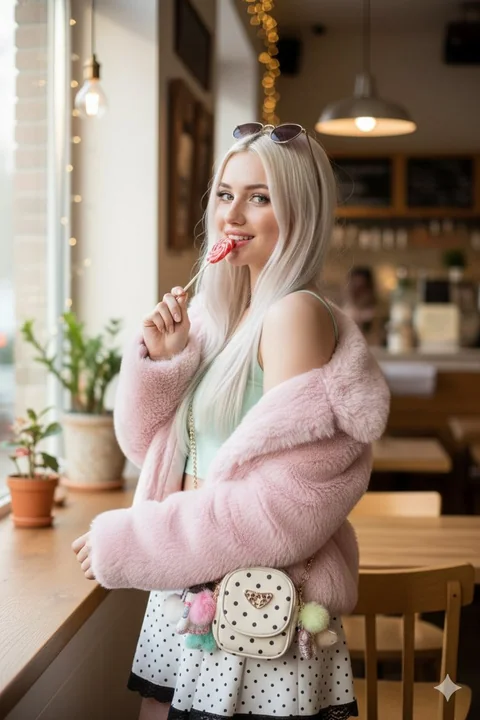 Un instant mignon d'une jeune fille douce portant un manteau pelucheux rose, tenant un bonbon à la menthe dans sa bouche.