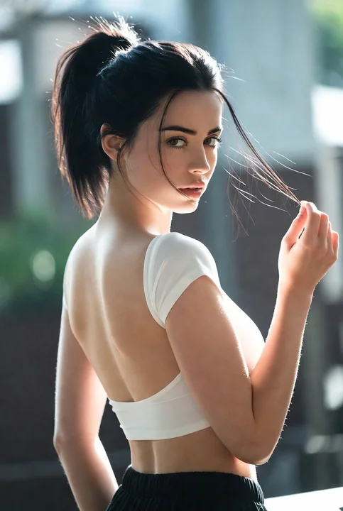 午後のプールサイドで撮影された、清々しい後ろ姿の少女のフォト