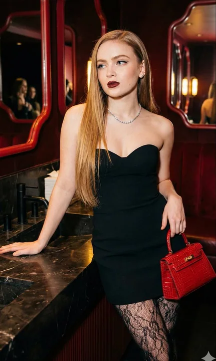 La luxe dame élégante en robe noire et lèvres rouges : la mode haut de gamme sous la lumière et les ombres