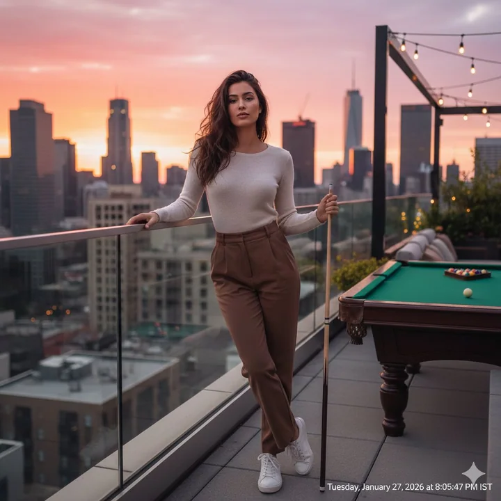 Realistic photography of a fashionable and stylish young girl in a high-quality billiard hall