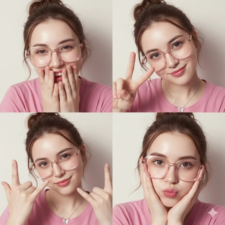 Four-photograph series of a girl with porcelain skin wearing transparent powder frame glasses