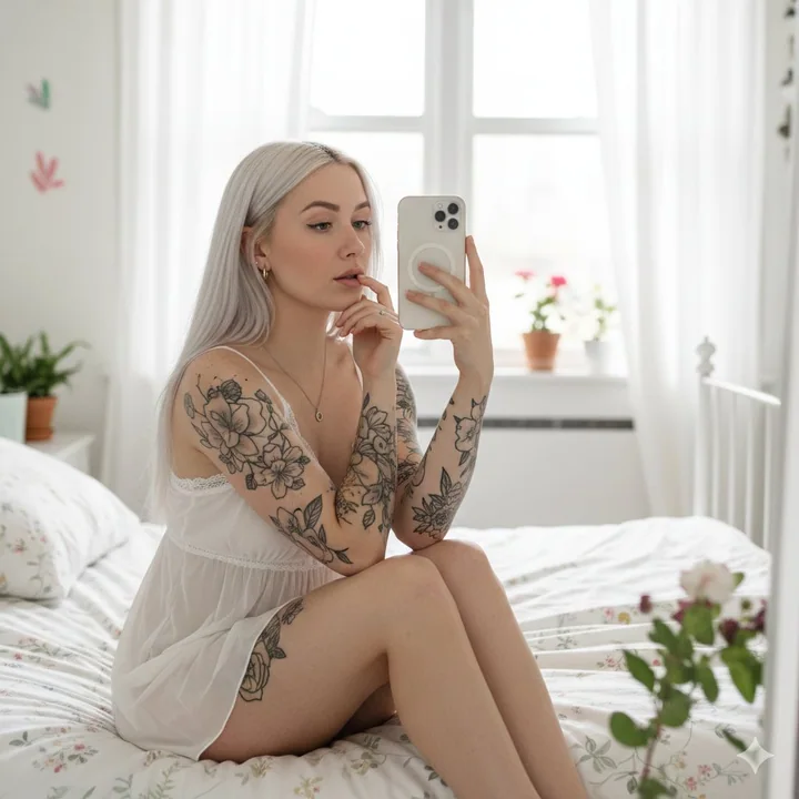 晨光微曦中慵懒的白金发少女在镜前