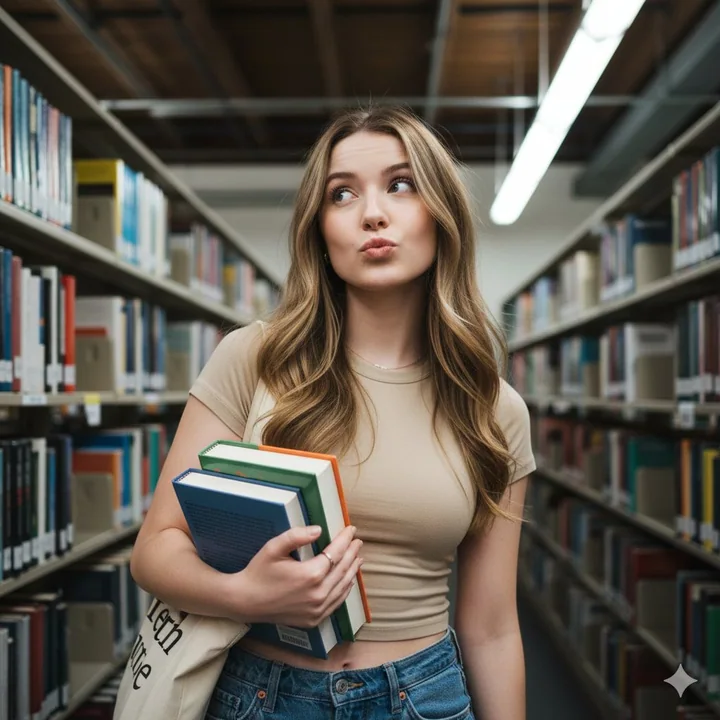 図書館でふんわりとおしゃれな髪をかき上げながら、かわいらしい口を尖らせる女の子